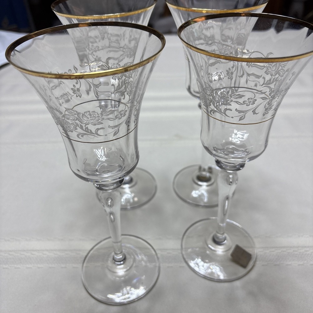 Set Of 4 Vintage Mikasa Crystal Antique Lace Water Goblet T2719 Gold Mint
